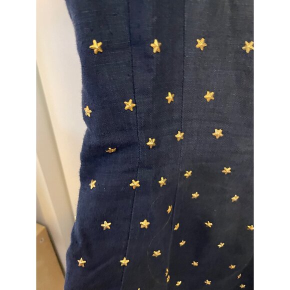 Carmen Marc Valvo Dress Metallic Star Embellished Deep V-Back Linen Navy Blue 8 - Picture 3 of 8